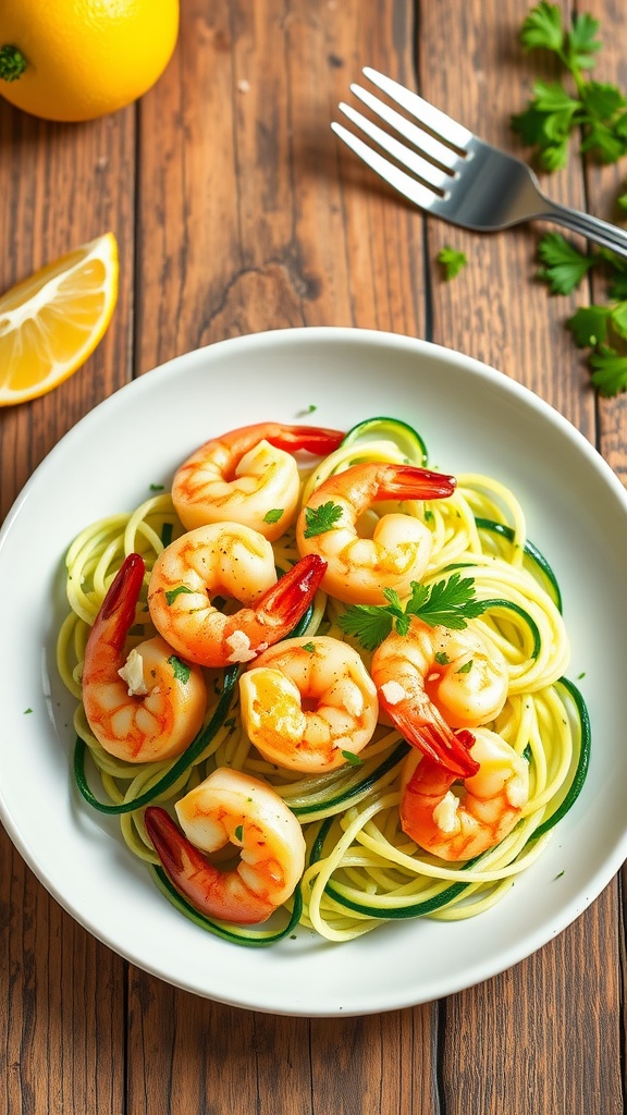 Garlic shrimp with zucchini noodles garnished with parsley and parmesan on a rustic table.